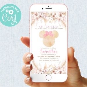 Minnie Mouse Birthday Invitation Girl Oh Two-dles 2nd Birthday Party Invite Pink Boho Digital Editable Mobile Phone Electronic Email SMS