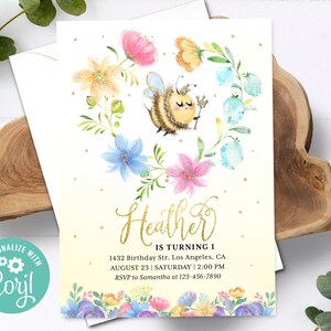 First Bee Day Invitation 1st Birthday Honey Party Invite Bumble Bee One Editable Printable Template Instant Download Digital or Printed