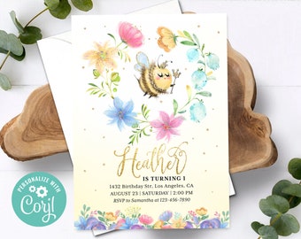 First Bee Day Invitation 1st Birthday Honey Party Invite Bumble Bee One Editable Printable Template Instant Download Digital or Printed
