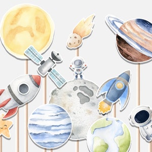 Espacio exterior cumpleaños niño centros de mesa astronauta galaxia cohete despegue sol luna estrella planetas decoración recortes pastel topper imprimible digital