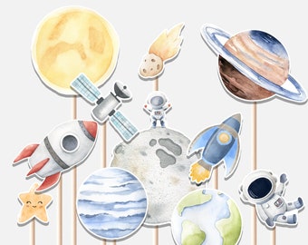 Outer Space Birthday Boy Centerpieces Astronaut Galaxy Rocket Blast Off Sun Moon Star Planets Decor Cutouts Cake Topper Printable Digital