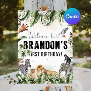 Letrero de bienvenida para primer cumpleaños de Wild One, decoración de fiesta con animales de safari y vegetación de jungla, letrero de bienvenida para patio al aire libre, plantilla editable e imprimible