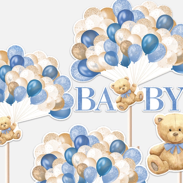 Teddy Bear Balloon Centerpieces Baby Shower Boy We Can Bearly Wait Baby Bear Blue Balloons Decor Cutouts Cake Topper Printable Digital