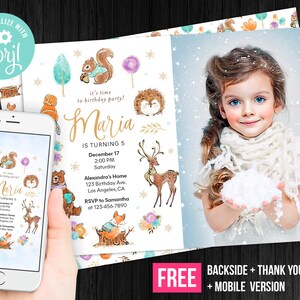 Invitación de cumpleaños de bosque de invierno Foto de niña Imagen imprimible Fiesta de animales del bosque Invitación Plantilla editable Digital o impresa