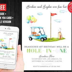 Golf Erster Geburtstag Einladung Junge Hole in One Party Danke Karte druckbare Masters Golf Party Bearbeitbare Vorlage Digital Gedruckte Einladungen