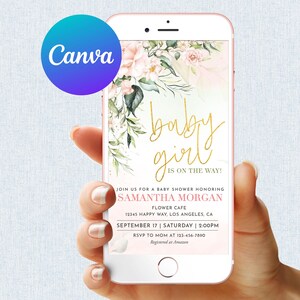 Blush Pink Floral Baby Shower Invitation Sweet Baby Girl is on the Way Garden Flowers Editable Mobile Phone Electronic Email Text SMS Invite