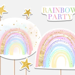 Peças centrais do arco-íris para decoração de festa de aniversário, recortes de menina, boho, estrelas douradas, rosa, pastel, arco-íris divertido, decoração digital para impressão