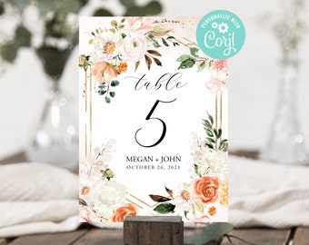 Wedding Table Numbers Template Editable Digital Download or Printed Pink Orange White Flowers Summer Bright Colorful Floral Geometric Corjl