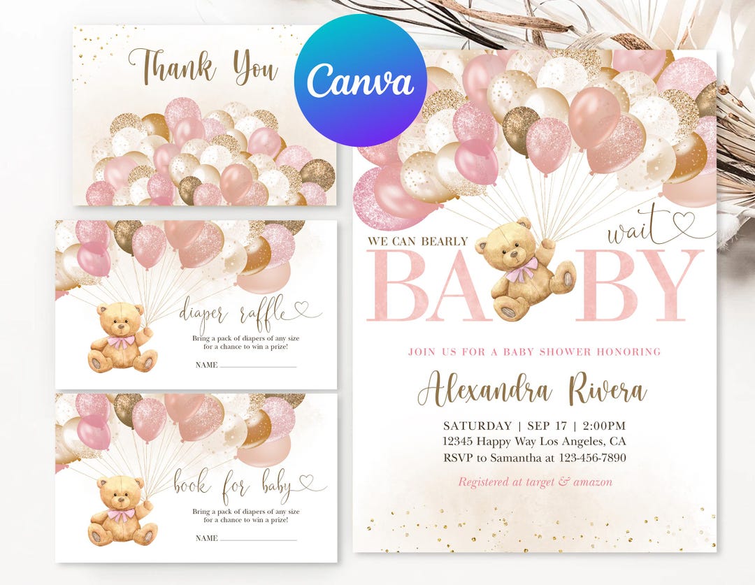 Teddy Bear Balloon Baby Shower Invitation Girl We Can Bearly Wait Pink ...