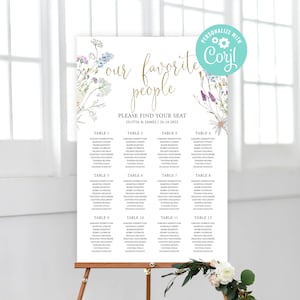Bruiloft zitplaatsen grafiek sjabloon afdrukbare 12 tafels plan bewerkbare digitale download of afgedrukte wilde bloemen bloemen Boho tuin land Corjl