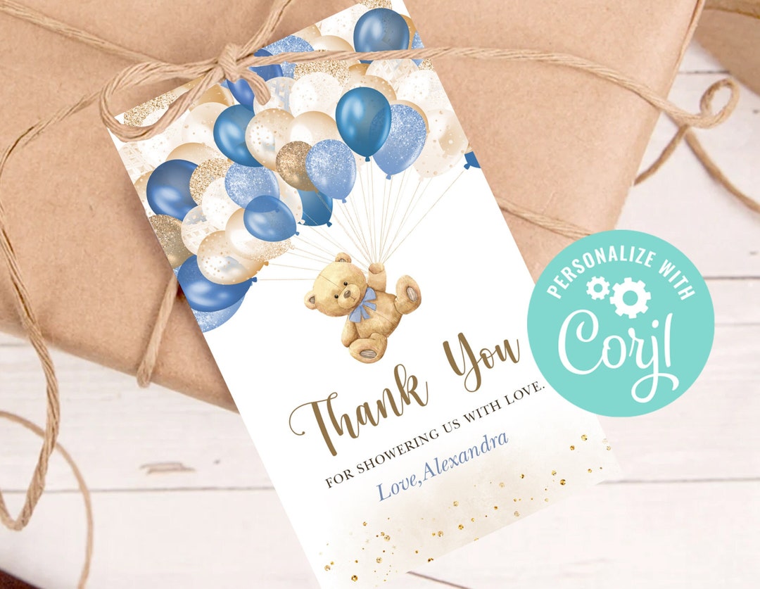 Baby Shower Boy Thank You Tags Printable Teddy Bear Balloon We Etsy