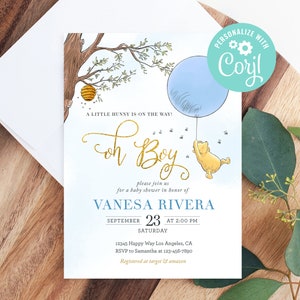 Classic Winnie the Pooh Baby Shower Invitation Boy Hunny Blue Balloon Invite Printable Editable Template Digital or Printed Invites