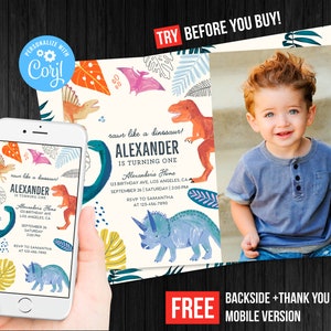 T-Rex Dinosaur First Birthday Invitation Boy Photo Picture Stomp Chomp Roar Invite Dino Thank You Card Editable Template Digital or Printed