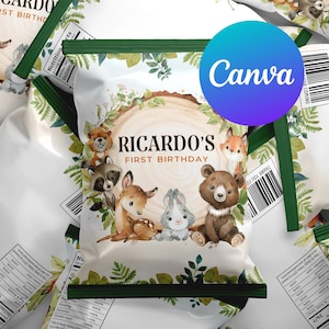 May include: White chip bags with a woodland animal theme, featuring a raccoon, deer, fox, bear, and rabbit. The bags are decorated with green leaves and the text "RICARDO'S FIRST BIRTHDAY". A Canva logo is visible.