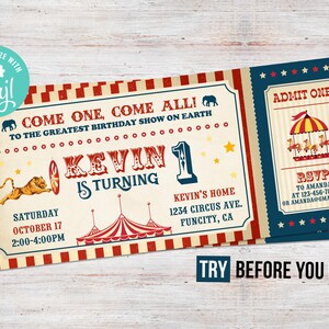Circus Carnival Ticket Birthday Invitation Boy Printable Editable Template Corjl Instant Download Digital Invite