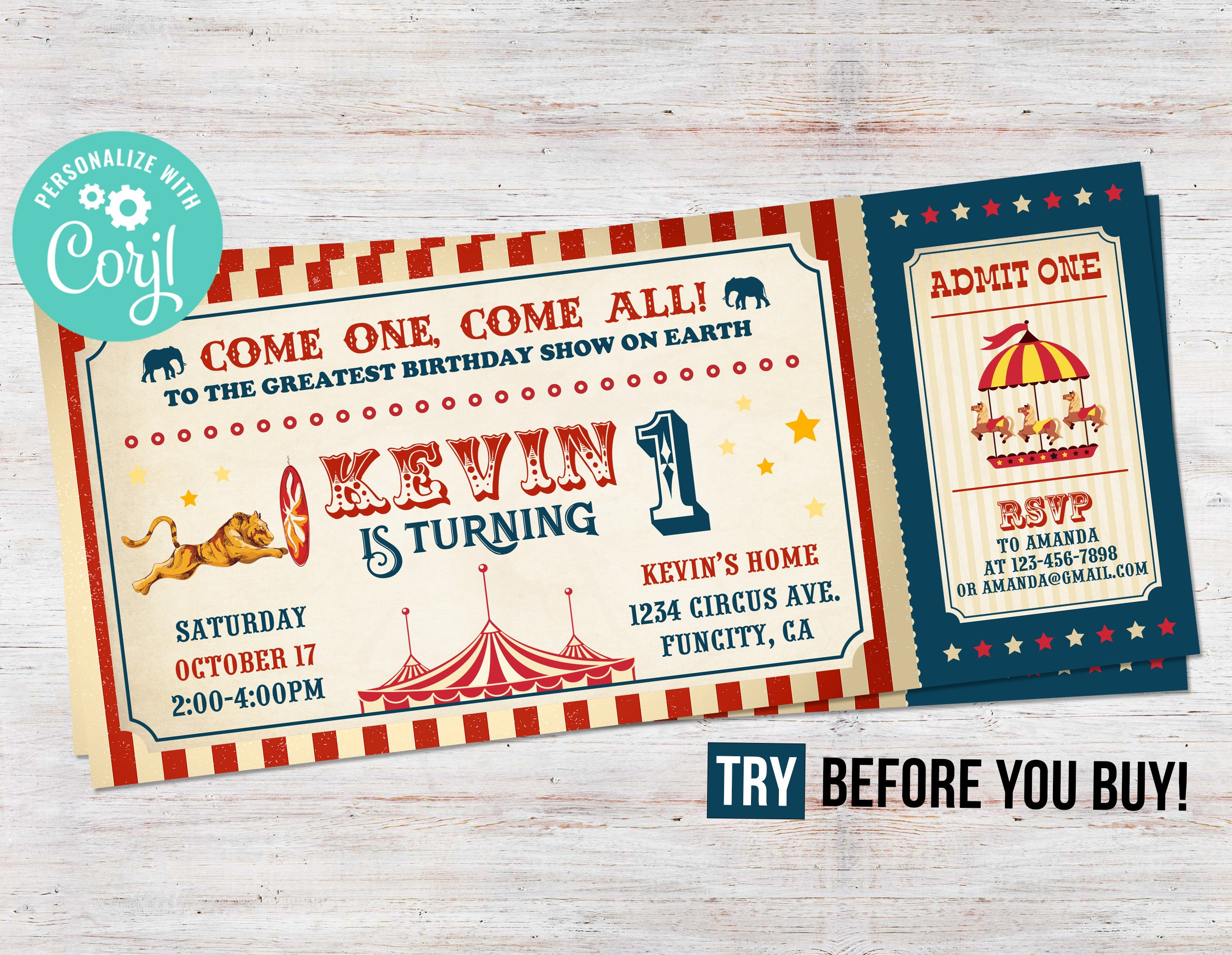 Circus Carnival Ticket Birthday Invitation Boy Printable Editable Template  Corjl Instant Download Digital Invite, image size:2697x2090
