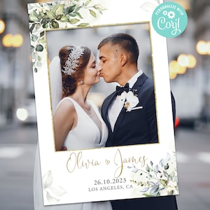 Wedding Photo Booth Frame Prop Decor Digital Editable Template Printable Greenery Gold Botanical Eucalyptus Leaves Corjl