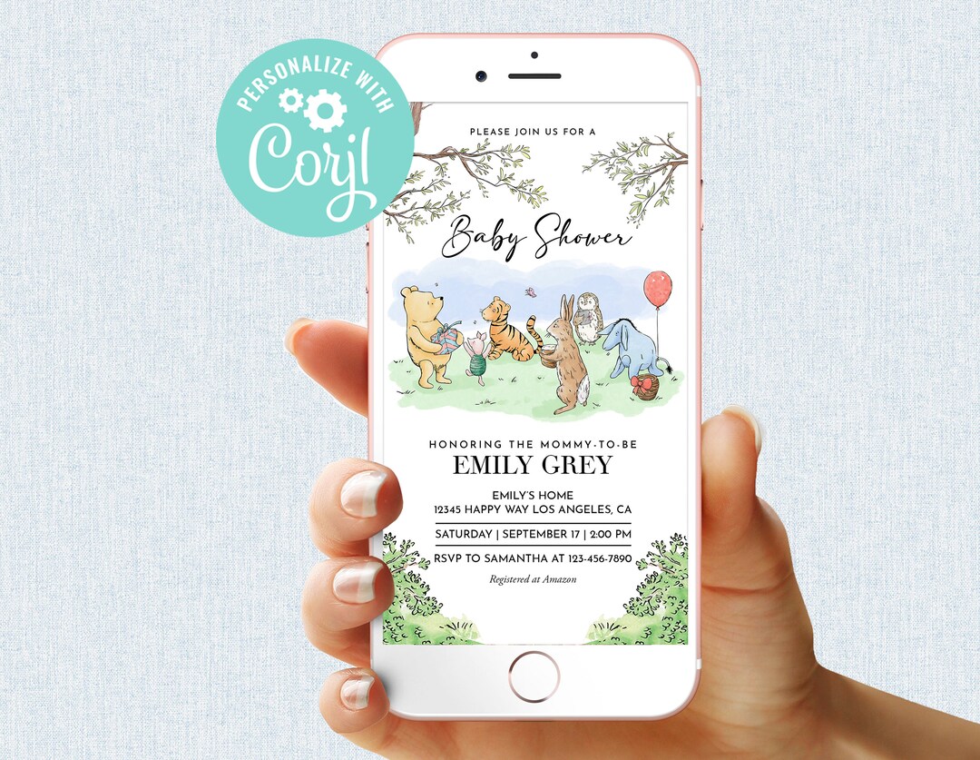 Classic Winnie the Pooh Baby Shower Invitation Piglet Tigger Eeyore Rabbit Owl Invite Editable
