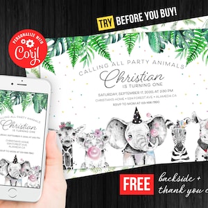 Calling All Party Animals First Birthday Boy Invitation Wild One Jungle Safari Thank You Card Editable Template Mobile Electronic Text Invit