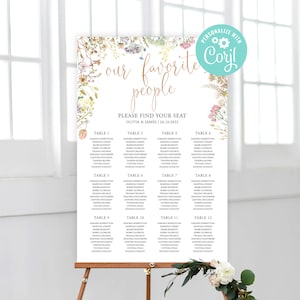 Bruiloft zitplaatsen grafiek sjabloon afdrukbare 12 tafels plan bewerkbare digitale download of afgedrukte wilde bloemen bloemen Boho tuin land Corjl