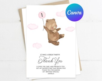May include: A thank you card with a watercolor illustration of a brown bear holding a pink balloon with the number 1 on it. The card has the text "It was a great party! Thank you. I loved the cake, and presents too... but my favorite part was seeing you! Thank you for making my birthday special! Daniela."