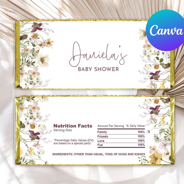 Little Wildflower Baby Shower Chocolate Wrapper Bright Floral Boho Spring Meadow Flower Field Hershey Bar Labels Editable Template Printable
