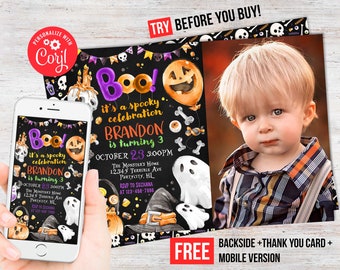 May include: A Halloween-themed invitation with the text "Boo!" and "it's a spooky celebration." The invitation includes a photo of a young child and details for a birthday party. The design features pumpkins, ghosts, and a witch's hat.