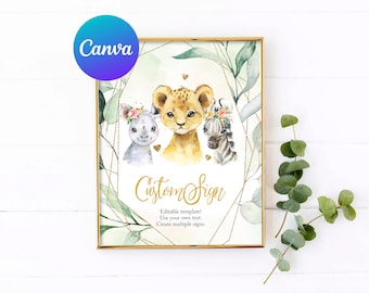 Könnte beinhalten: Ein druckbares Schild mit einem goldenen geometrischen Rahmen und grünem Laub. Das Schild zeigt einen Löwen, ein Zebra und ein Nashorn mit Blumenkränzen. Der Text auf dem Schild lautet "Custom Sign, Editable template! Use your own text. Create multiple signs."