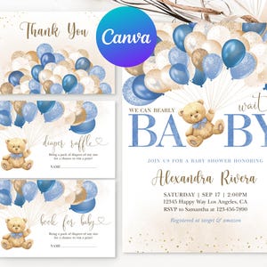 Teddy Bear Balloon Baby Shower Invitation Boy We Can Bearly Wait Blue Balloons Printable Editable Thank You Diaper Raffle Book Request Card