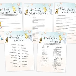 Set of 5 Baby Shower Games Printable Party Decoration Classic Winnie the Pooh Piglet Tigger Eeyore Balloons Decor Instant Download Digital