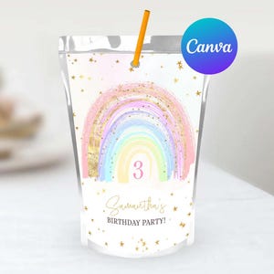 Regenbogen Geburtstag Capri Sonne Etiketten Mädchen Boho Gold Sterne rosa Pastell Regenbogen Spaß bearbeitbare Vorlage Saftbeutel Etiketten Digital Printable