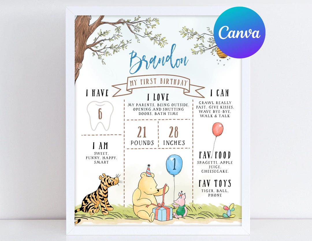 Classic Winnie the Pooh First Birthday Milestone Board Boy Piglet Tiger ...
