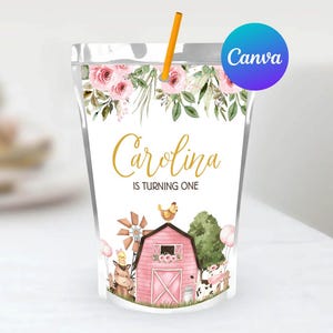Farm First Birthday Girl Capri Sun Labels Editable Template Pink Floral Barnyard Animals Party Ranch Juice Pouch Labels Digital Printable