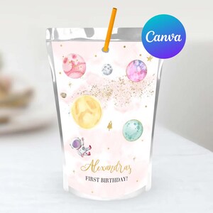 Etiquetas editables para el primer cumpleaños de una niña en el espacio exterior, etiquetas para el sol Capri, etiquetas para bolsas de jugo, etiquetas para el primer viaje alrededor del sol de un astronauta, imprimibles digitalmente