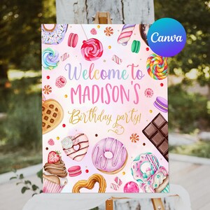 Sweet Birthday Welcome Sign Pink Candy Land Sweets Celebration Donut Cupcake Lollipop Welcome Outdoor Yard Sign Editable Template Printable