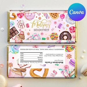 Op de afbeelding: Een roze en witte chocolade reep verpakking met een snoepthema. De verpakking heeft een verscheidenheid aan kleurrijke snoepjes, waaronder lolly's, donuts en cupcakes. De tekst op de verpakking luidt "Madison's Birthday Party!"