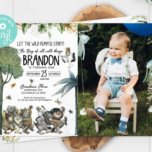 Where The Wild Things Are Biglietto d'invito per il primo compleanno Immagine fotografica Let the Wild Rumpus Start Invito modello modificabile stampabile digitale