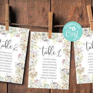 Bruiloft zitplaatsen grafiek kaartsjabloon tabelnummer bewerkbare digitale download of gedrukte wilde bloemen bloemen Boho tuin land Corjl