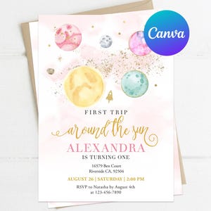 Outer Space First Birthday Invitation Girl Astronaut First Trip Around Sun Moon Galaxy Invite Printable Editable Template Digital Printed