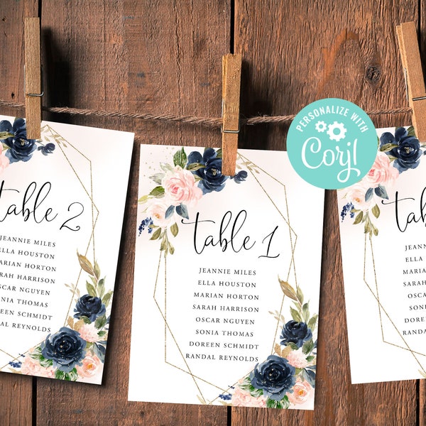 Wedding Seating Chart Card Template Table Number Editable Digital Download or Printed Navy Blue and Blush Flower Pink Floral Geometric Corjl