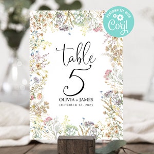 Hochzeit Tischnummern Vorlage druckbare bearbeitbare digitaler Download oder gedruckt Wildblumen Blumen Boho Garten Country Corjl