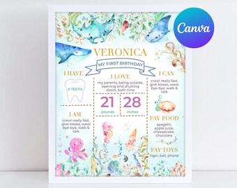Tablero de hitos del primer cumpleaños del océano para niña, fiesta de animales marinos bajo el mar, letrero de hitos de ballena, plantilla editable e imprimible digital