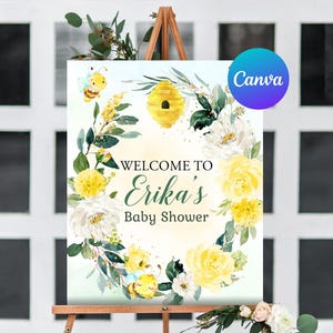 Bee Baby Shower Welcome Sign Oh Baybee Little Honey Bee Summer Yellow Flowers Garden Party Outdoor Yard Sign Editable Template Printable