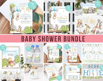 Winnie the Pooh Baby Shower Party Decorations Bundle Piglet Tigger Hunny Boy Invite Digital Editable Banners Template Printable Thank You