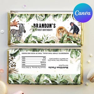 Wild One First Birthday Chocolate Wrapper Jungle Greenery Safari Animals Party Giraffe Monkey Hershey Bar Labels Editable Template Printable