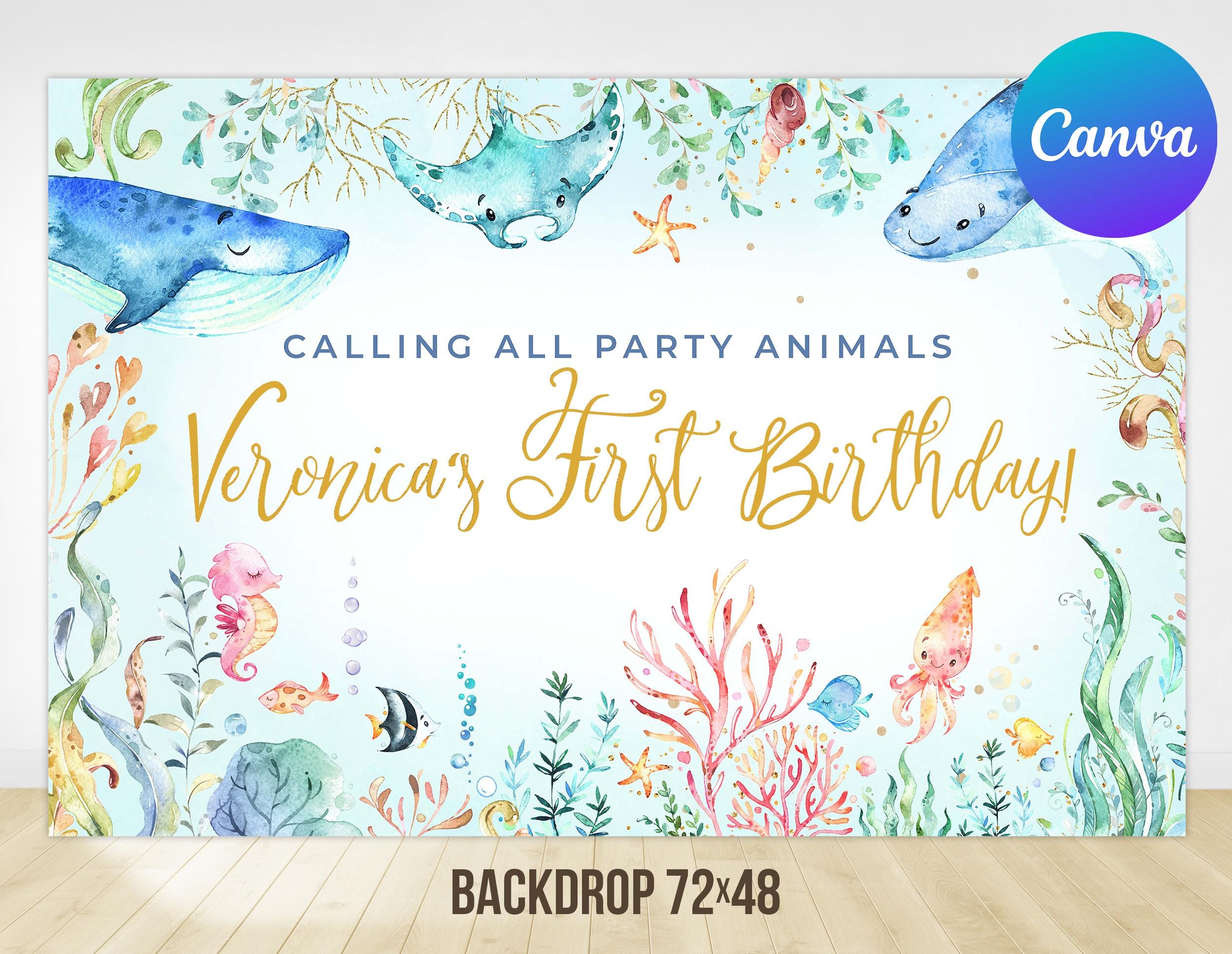 Fondo para primer cumpleaños bajo el mar, para niña, animales del océano, fiesta, decoración del fondo marino, ballena, pulpo, plantilla editable imprimible, imprimible digitalmente
