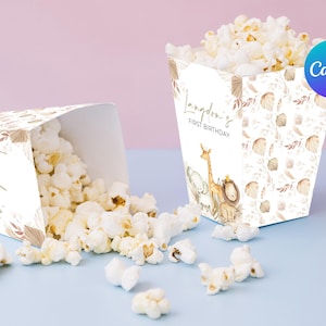 Sacs de pop-corn Wild One pour le premier anniversaire des animaux de safari boîte de pop-corn de fête boîte de bonbons éléphant floral séché modèle numérique modifiable
