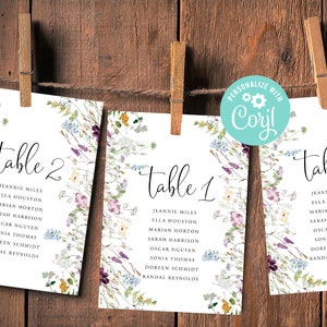 Bruiloft zitplaatsen grafiek kaartsjabloon tabelnummer bewerkbare digitale download of gedrukte wilde bloemen bloemen Boho tuin land Corjl