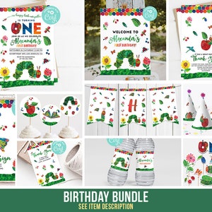 Very Hungry Caterpillar First Birthday Party Decorations Bundle Invitation Digital Editable Banners Template Printable Thank You