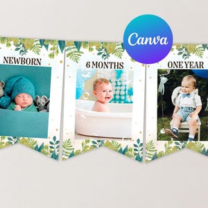 May include: A green and gold banner with three photo frames. The frames are labelled "Newborn", "6 Months", and "One Year".